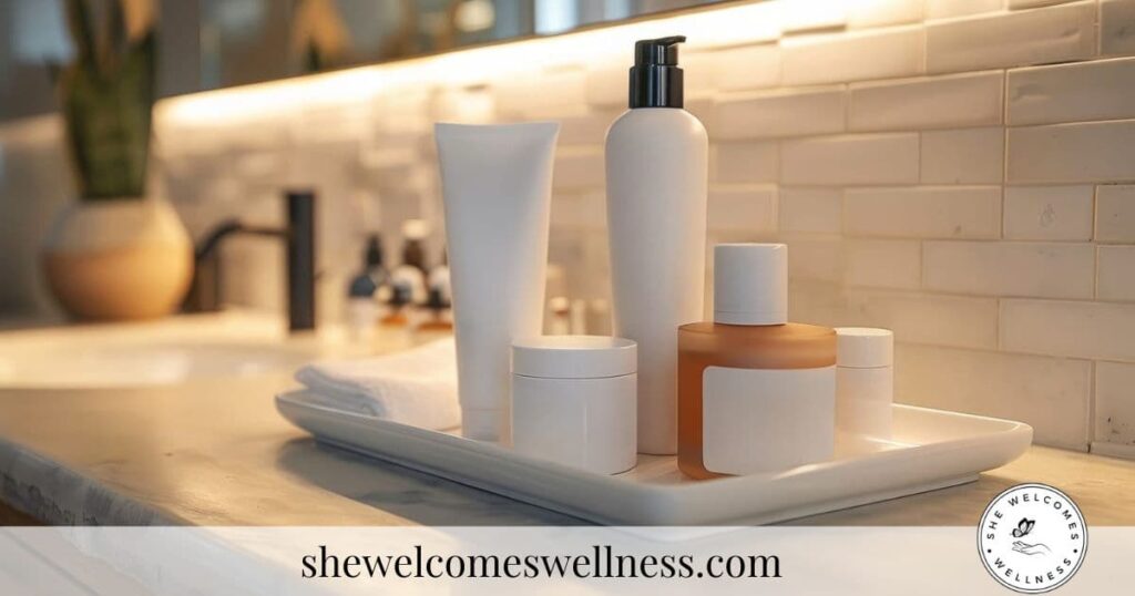 Elegant bathroom counter with various skincare bottles on a white tray, set against a tiled backsplash. A serene, spa-like scene that raises the question: what is 1,4-dioxane, and could it be hiding in these products?