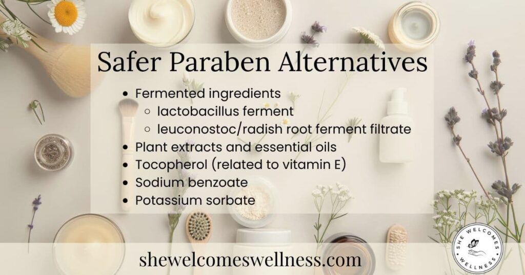 Natural skincare layout with text listing safer paraben alternatives like fermented ingredients and plant extracts. Includes bottles and flowers.