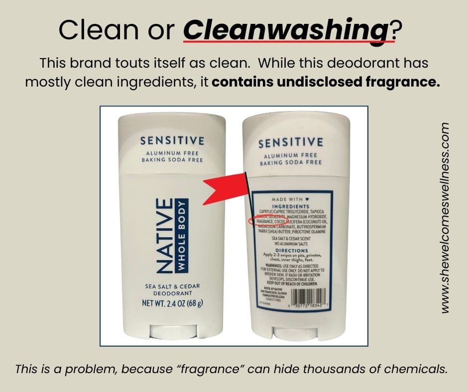 Two deodorant sticks with the label "Native Whole Body" have an arrow highlighting "fragrance" in the ingredients. Text questions if this is "cleanwashing."