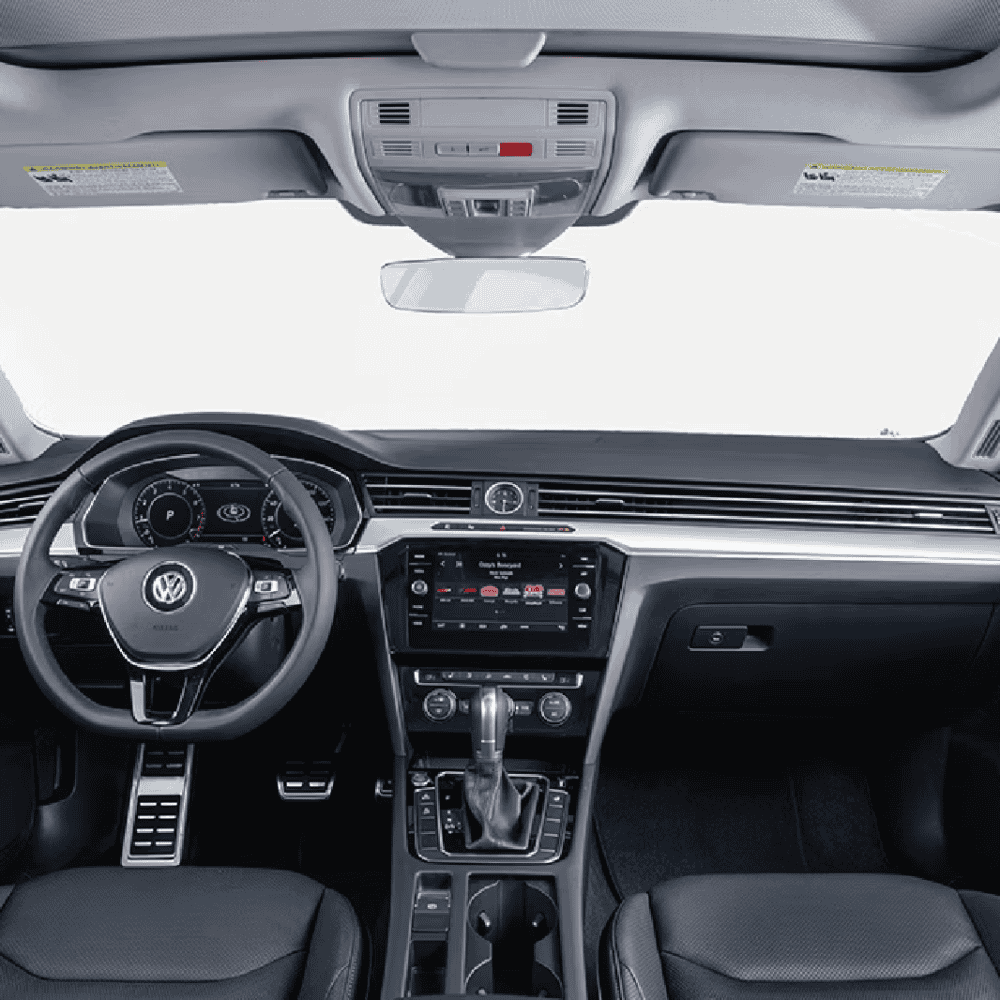 Interior dashboard and steering wheel of Volkswagen CC 2019 with premium materials.