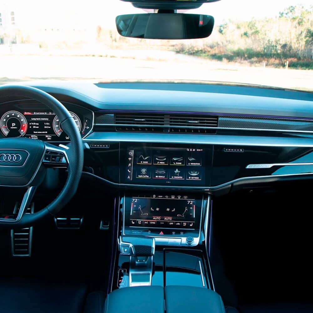 Interior view of Audi S8 showcasing premium dashboard and control features.