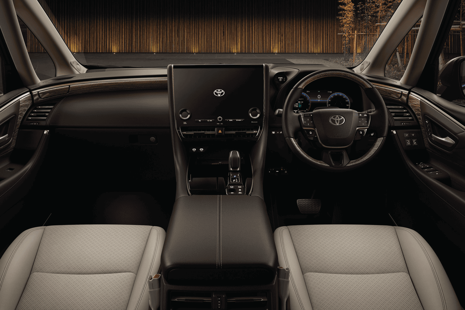 Interior dashboard and steering wheel of Toyota Alphard with custom interior kit.