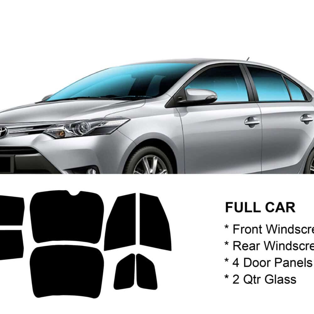 Silver Toyota sedan showcasing window tinting and car accessories for enhanced style and protection.