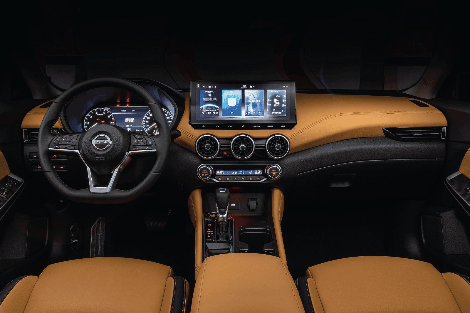 Interior dashboard and infotainment system of Nissan Sylphy with custom kit.