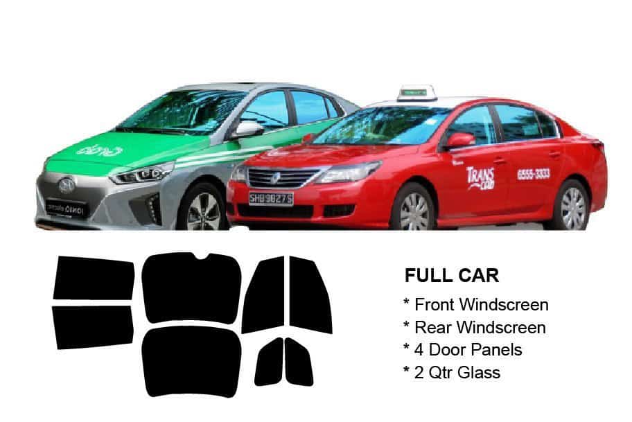 UV film package for taxi and Grab car window tinting, including front and rear windshield, door pane.
