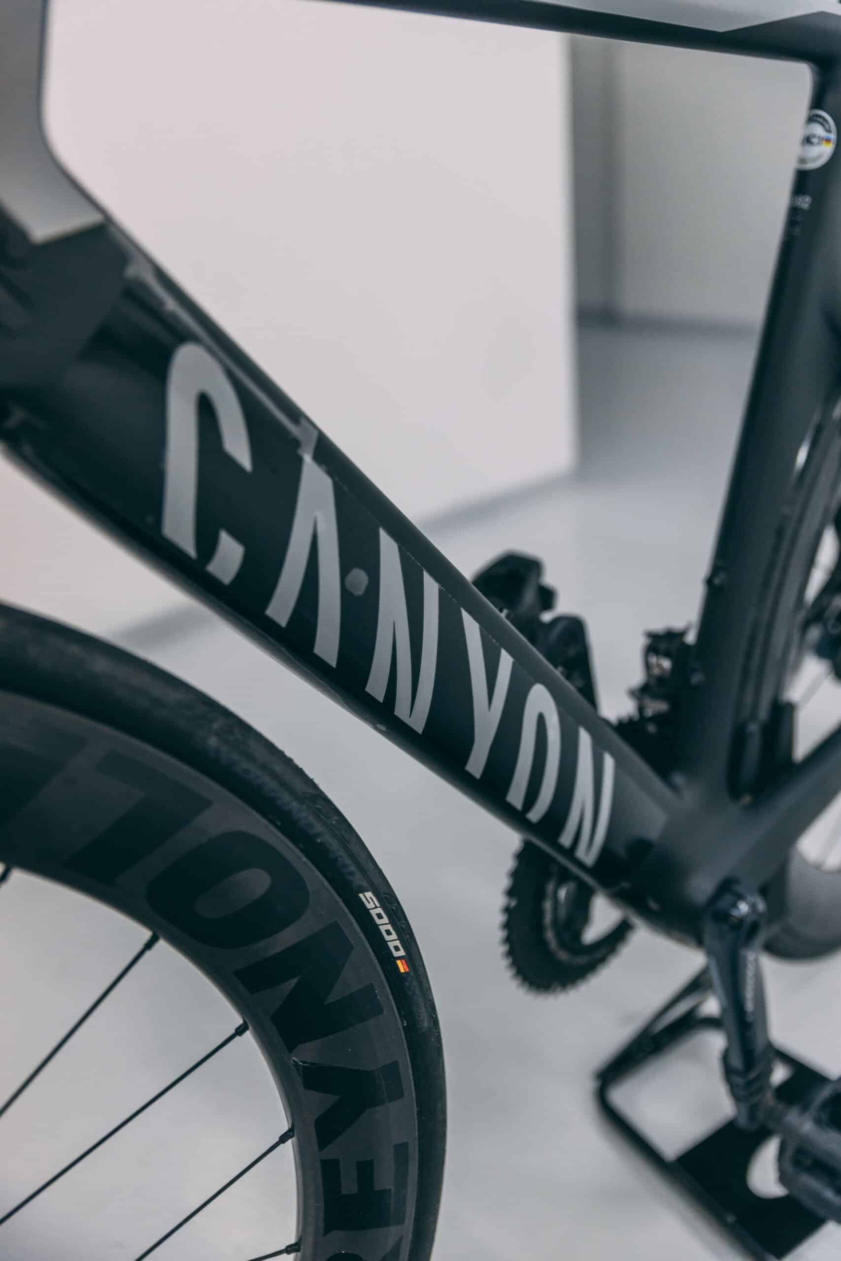 Canyon Aeroad bike frame with protective film applied for scratch and damage prevention.