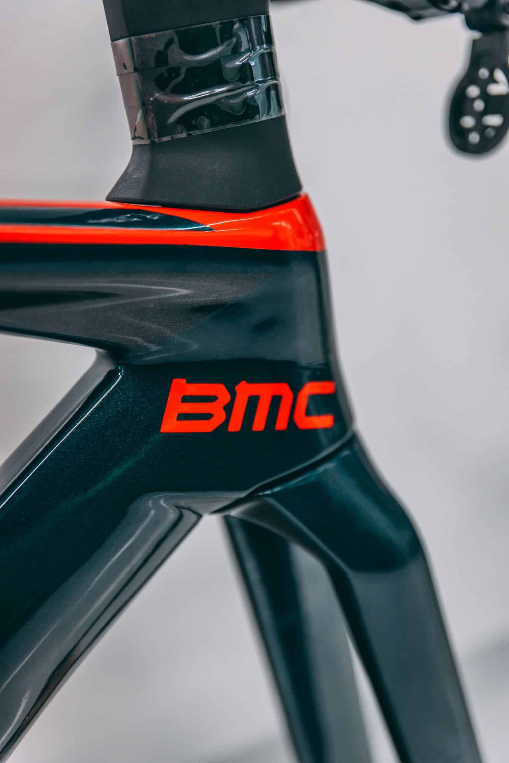 High-quality paint protection film on BMC Timemachine road bike frame.