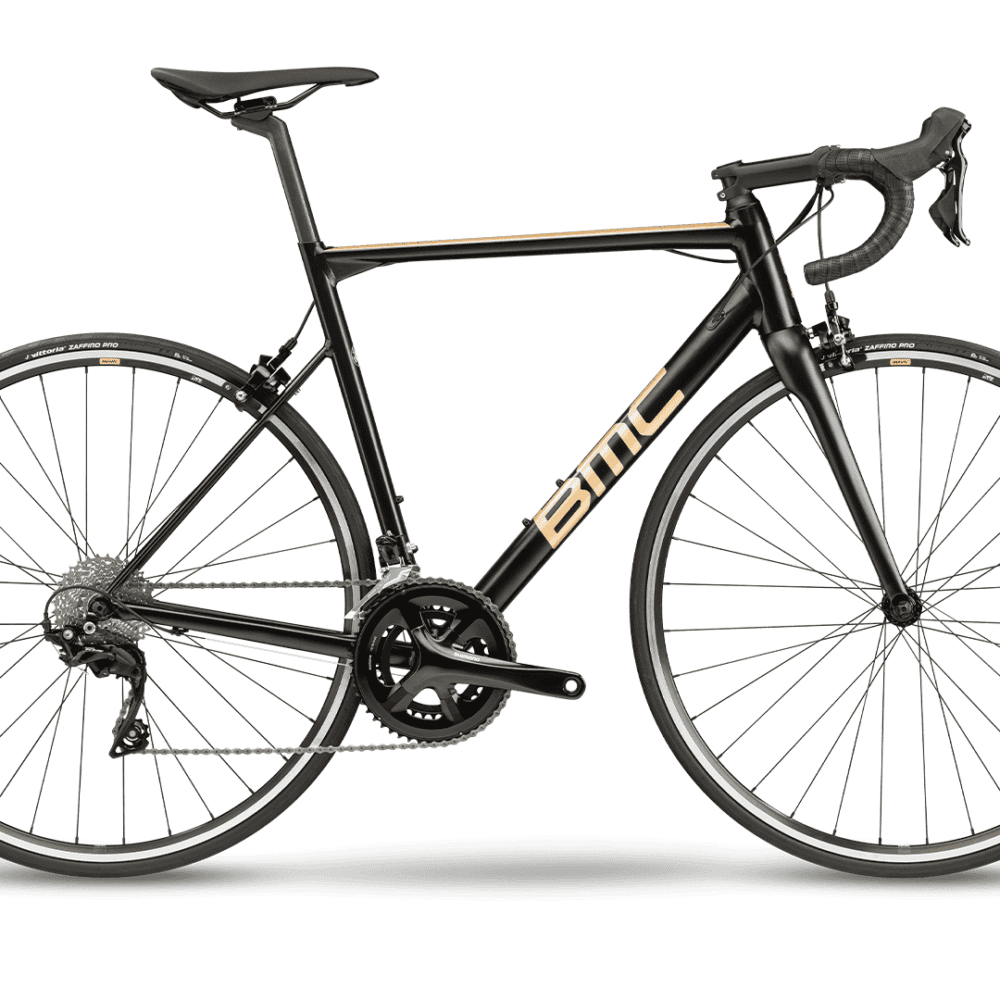 High-performance black and gold road bicycle for racing and fitness.
