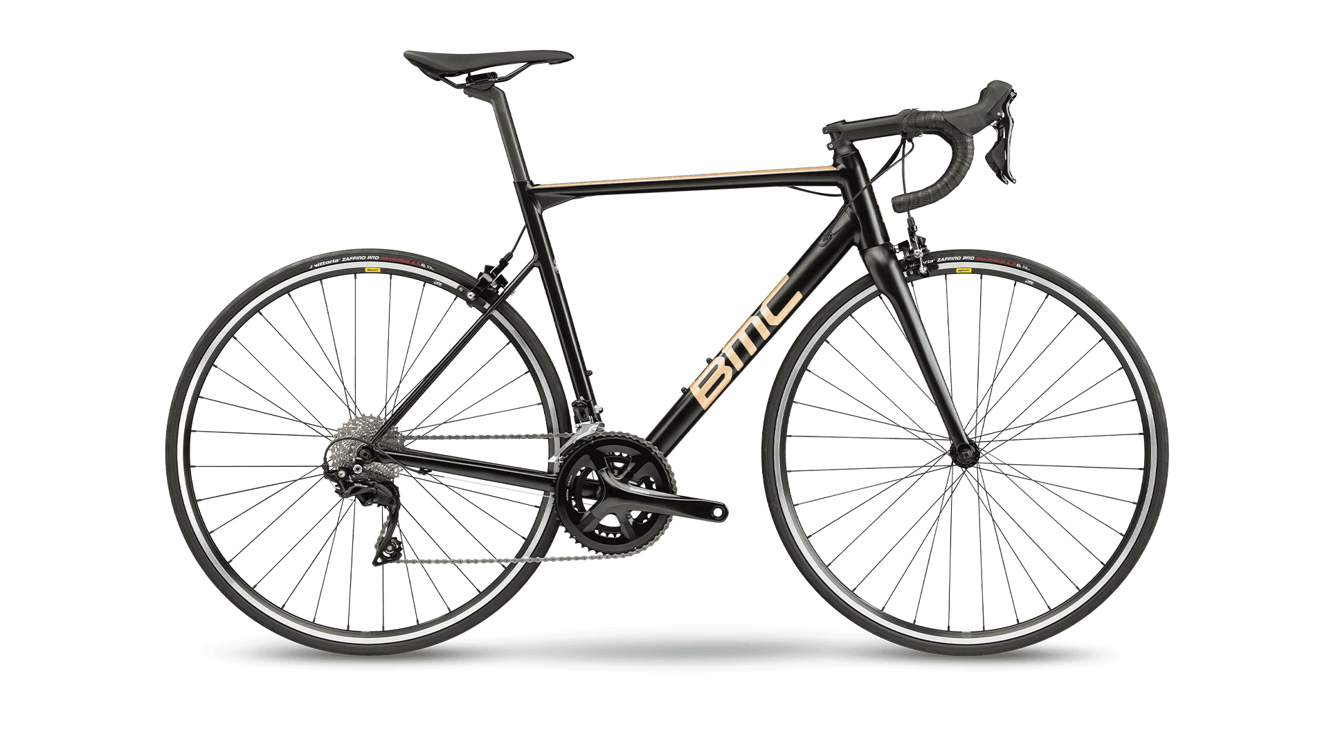 High-performance black and gold road bicycle for racing and fitness.