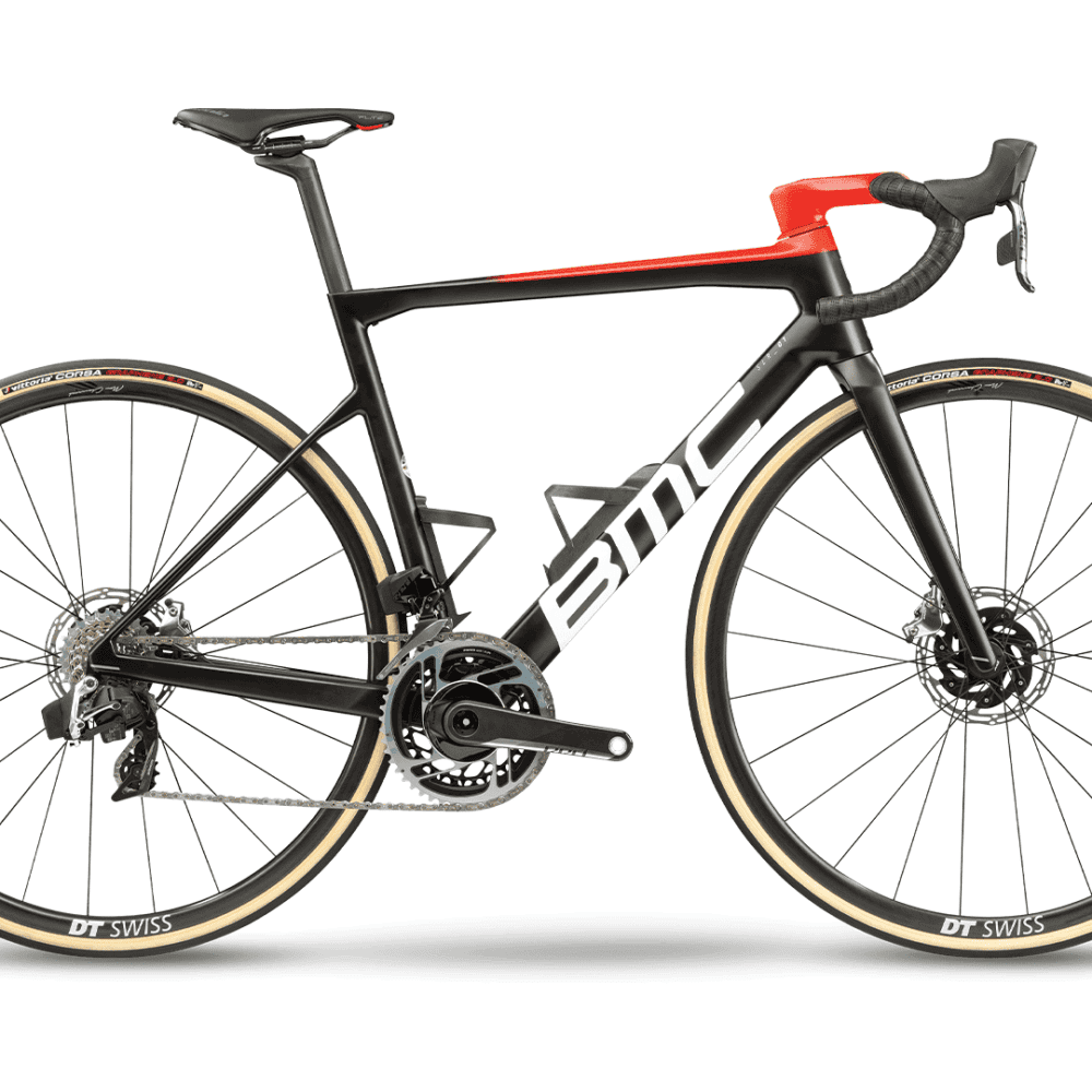 High-quality black and red road bike with lightweight frame and advanced gear system.