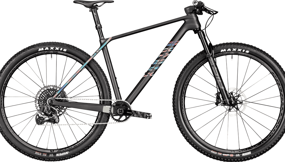High-performance black mountain bike with advanced suspension and durable tires.
