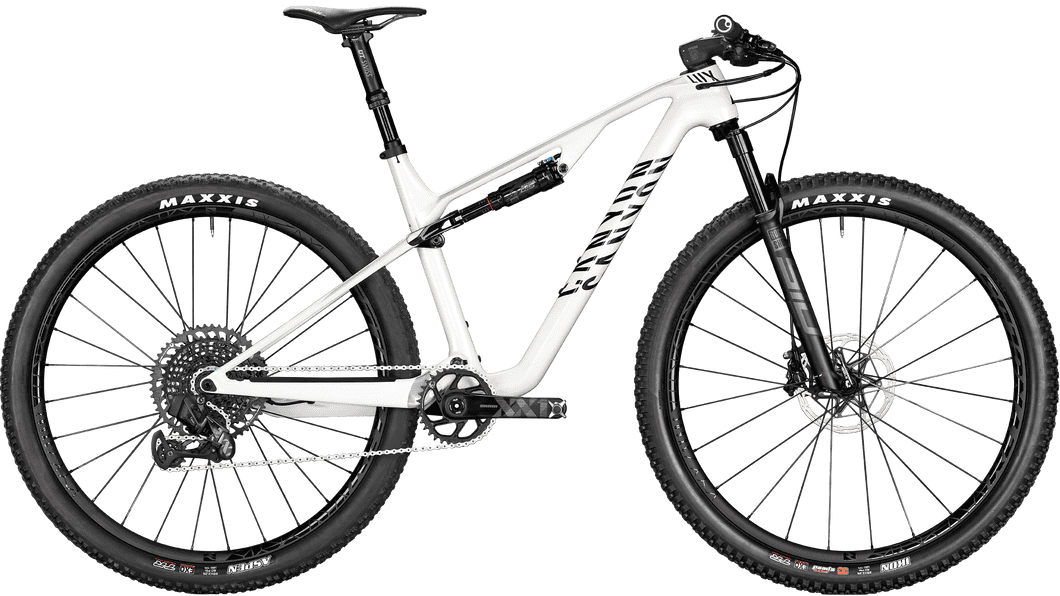 White mountain bike with suspension forks, wide tires, and disc brakes for off-road cycling.