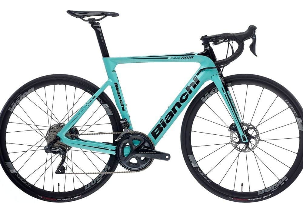 High-performance Bianchi road bike with lightweight frame and advanced gear system.