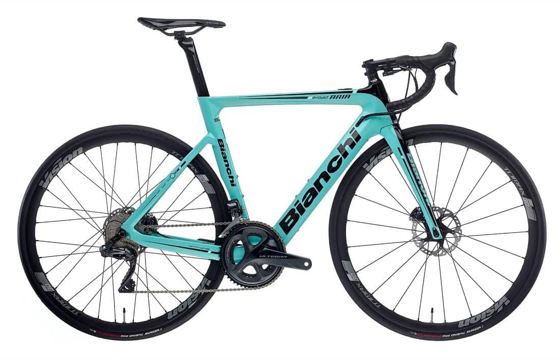 High-performance Bianchi road bike with lightweight frame and advanced gear system.