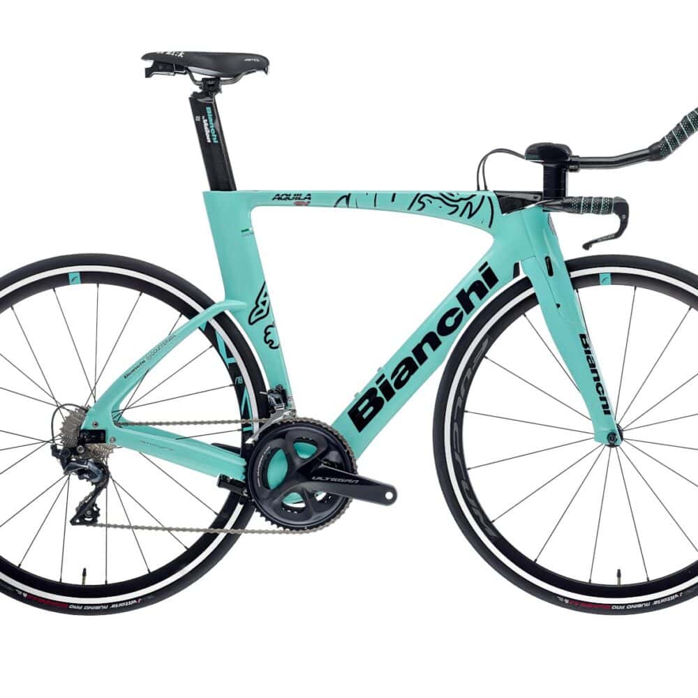 Light blue Bianchi road bike with lightweight frame and aerodynamic design for optimal performance.