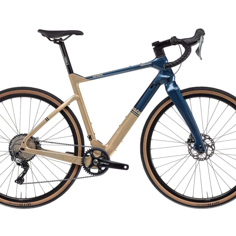 Bike with blue and beige frame for outdoor cycling and fitness.