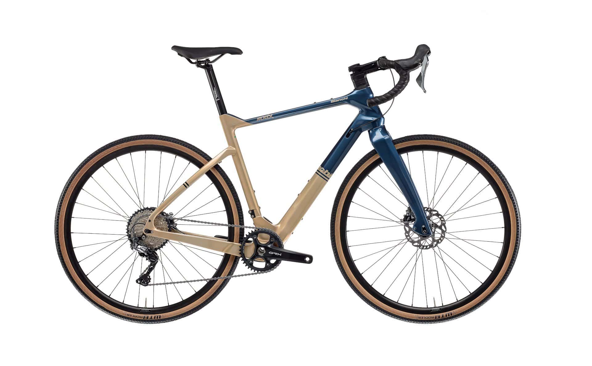Bike with blue and beige frame for outdoor cycling and fitness.