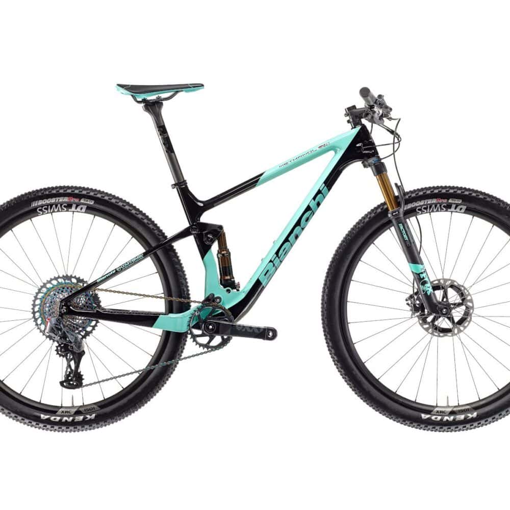 High-performance mountain bike with lightweight frame, suspension forks, and disc brakes for off-roa.