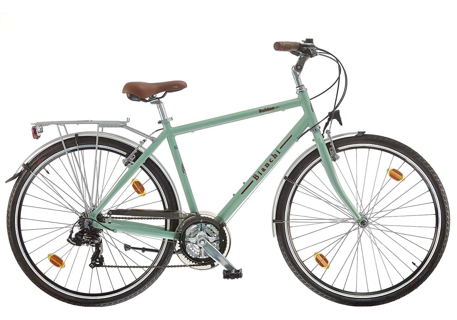 Light green bicycle with brown saddle and black tires, ideal for city commuting and outdoor cycling.