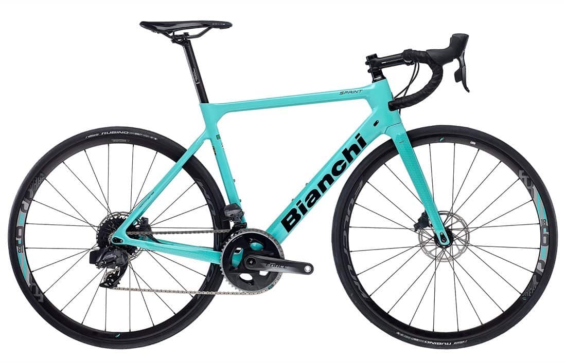 Bianchi road bike with lightweight frame and drop handlebars for cycling enthusiasts.