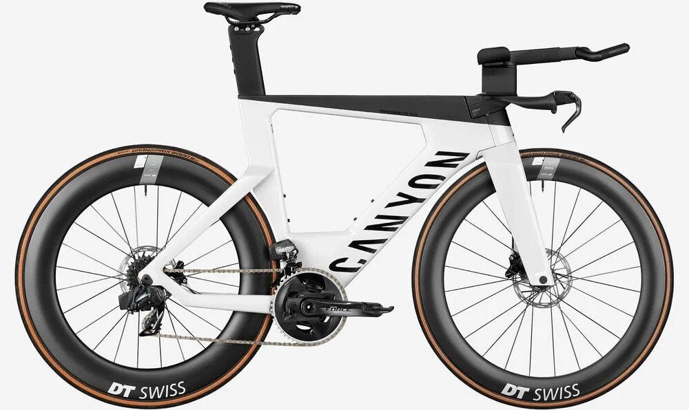 Canyon Speedmax CF SLX bike with protective film on frame for durability.