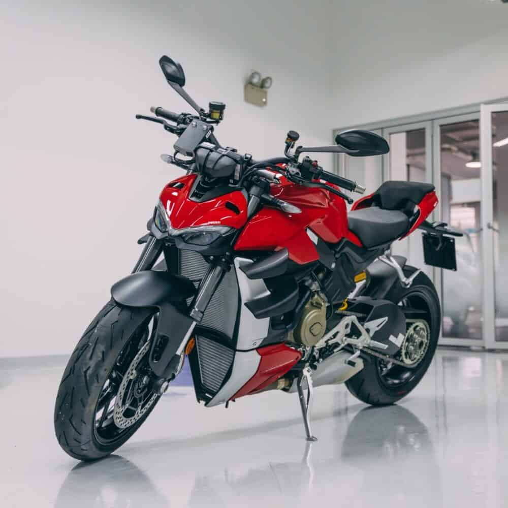 Ducati motorcycle with full paint protection film for enhanced gloss and scratch resistance.