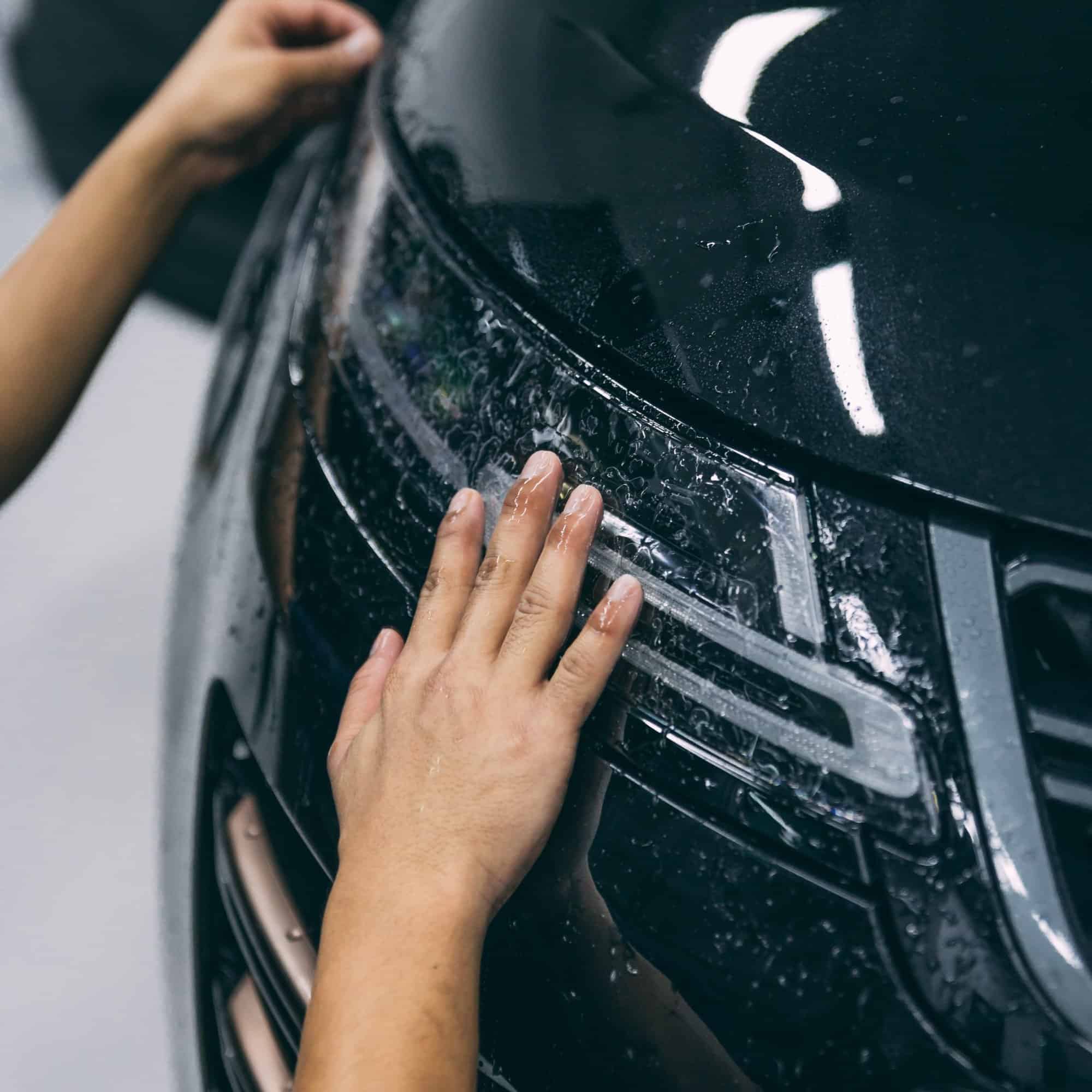 Car windshield and headlamp protection film installation for stone chip prevention.