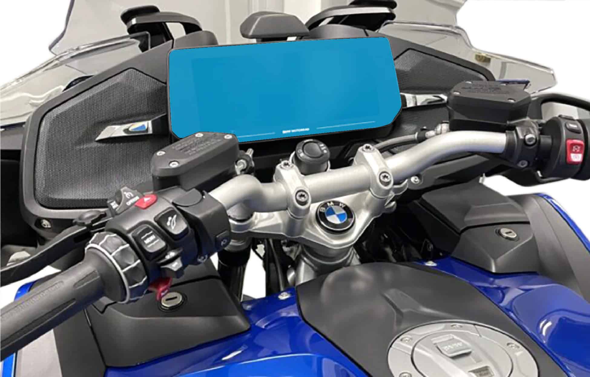 Motorcycle handlebar with smartphone mount and controls.