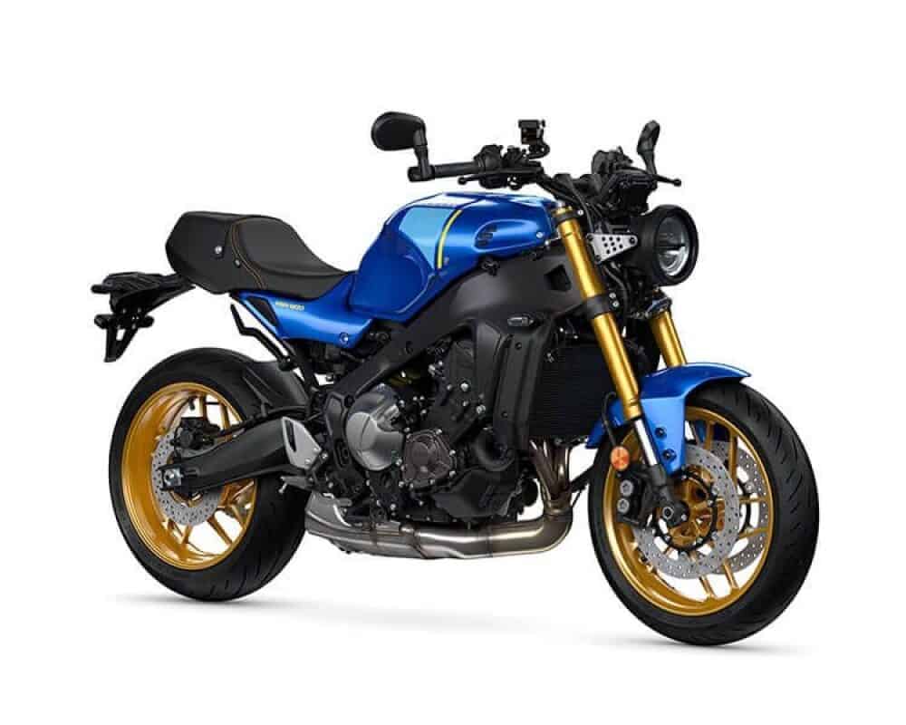 YAMAHA XSR900 motorcycle with full wrap paint protection film in blue and gold.