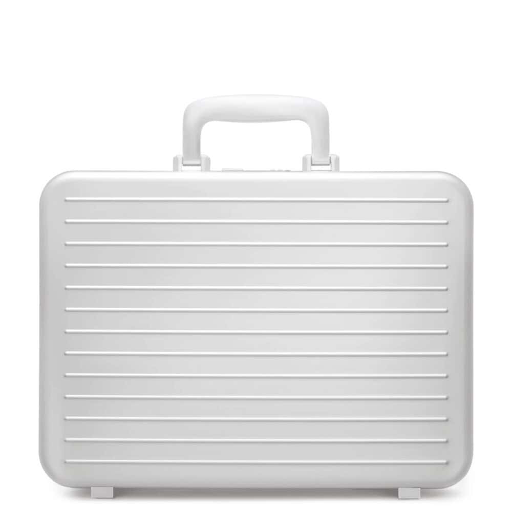RIMOWA aluminium attaché case with protective film for travel and luggage security.