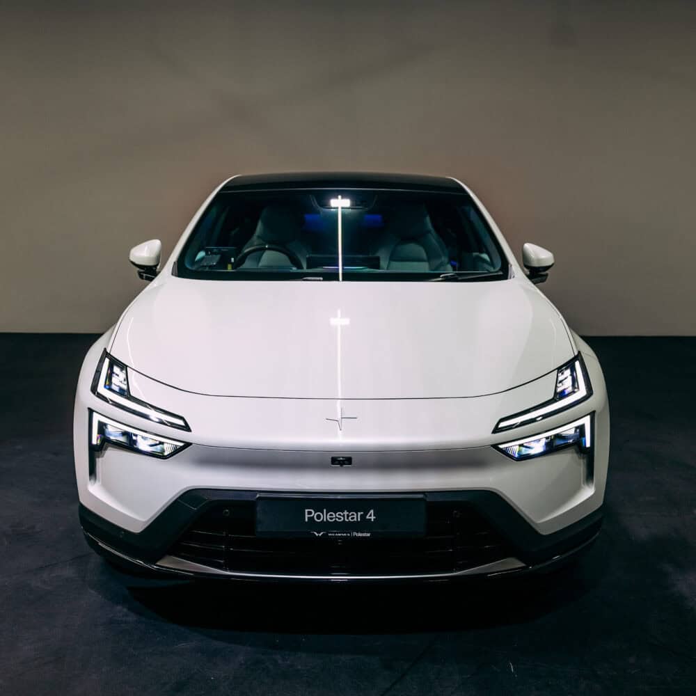 Polestar 4 front view with XPEL bumper protection film for enhanced vehicle durability.