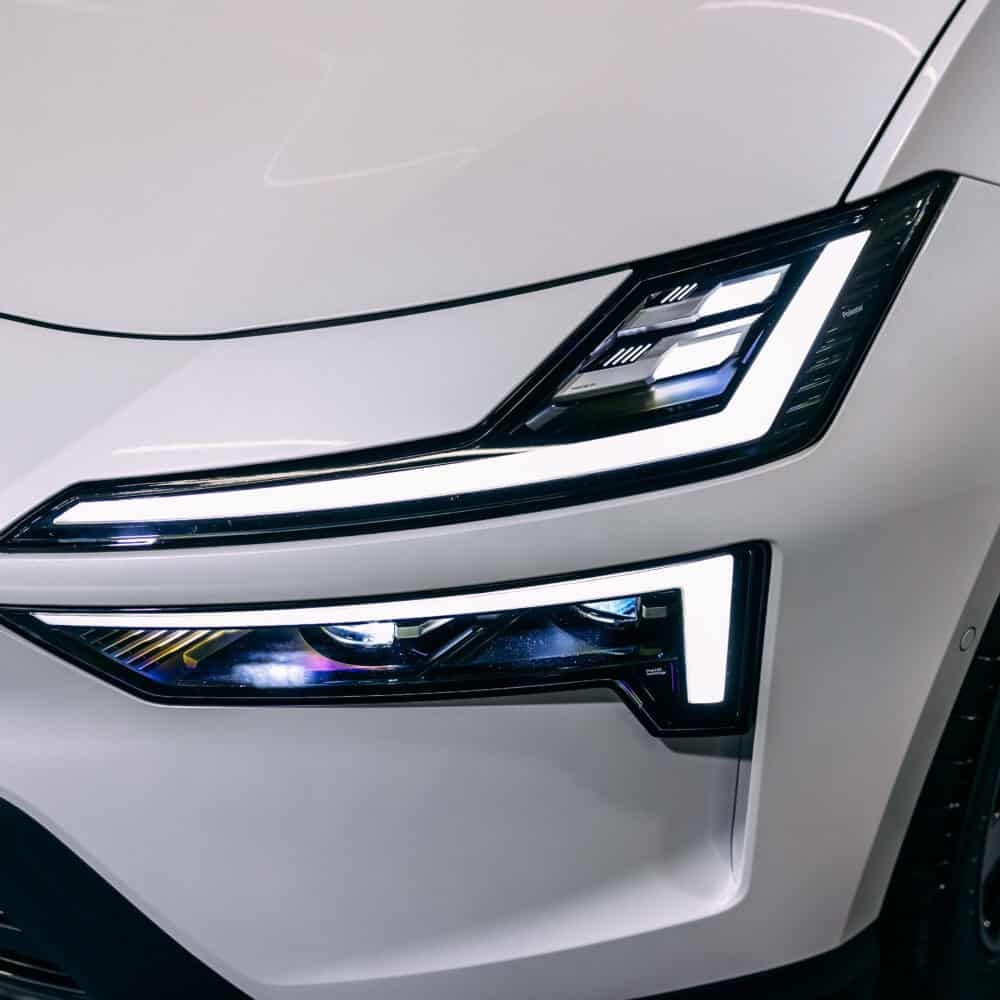 Polestar 4 headlamp with XPEL protective film for enhanced durability.