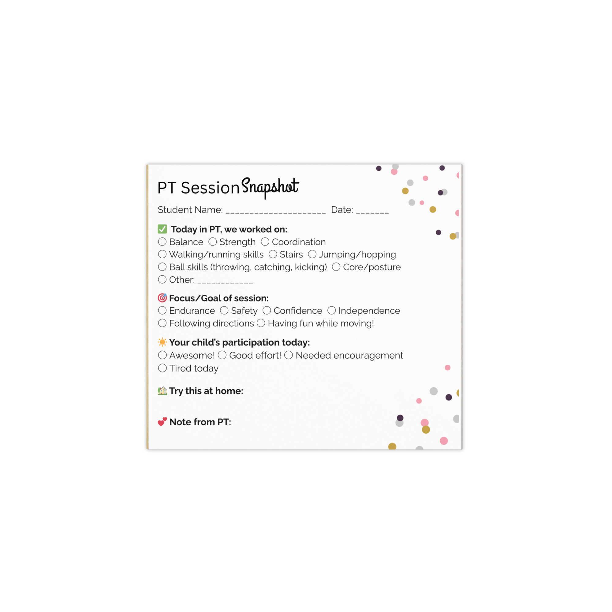 Session Snapshot Tear-Off Notepad - Physical Therapist - Dots - Image 2