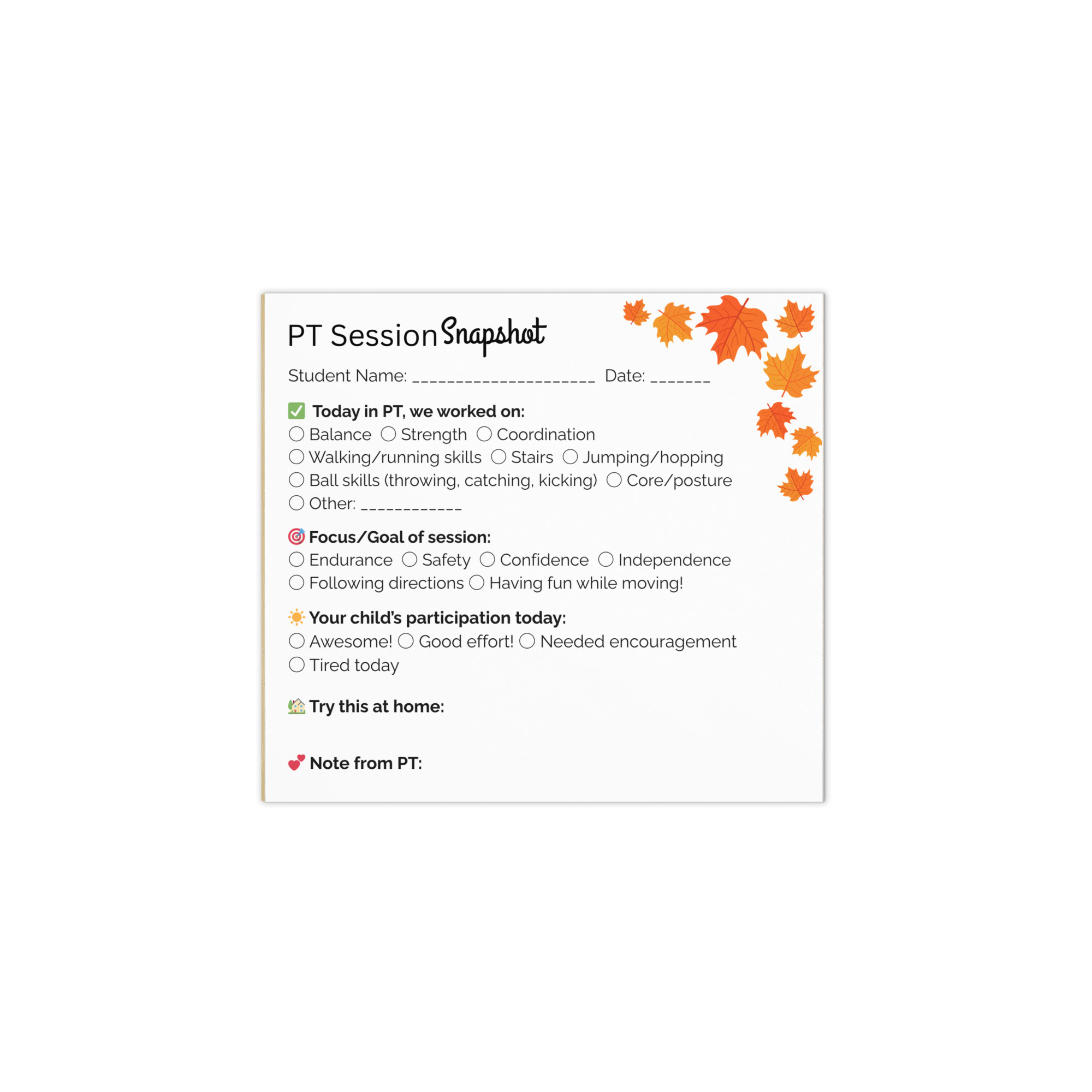 Session Snapshot Tear-Off Notepad - Physical Therapy Fall Theme - Image 2