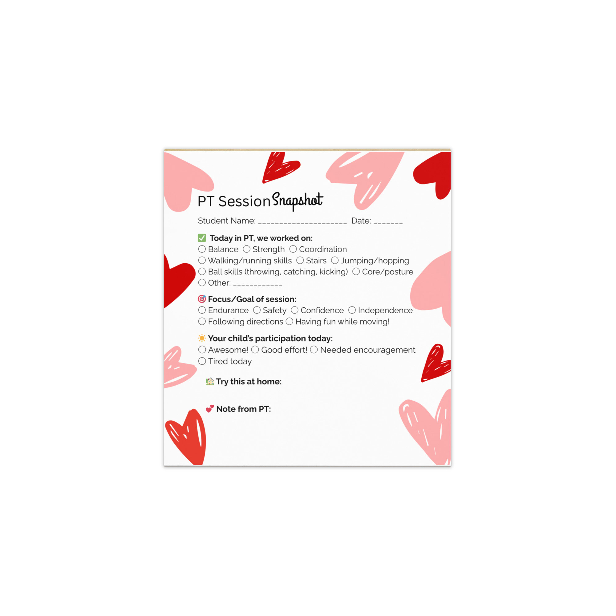 Session Snapshot Tear-Off Notepad – Physical Therapist – Valentine's Day
