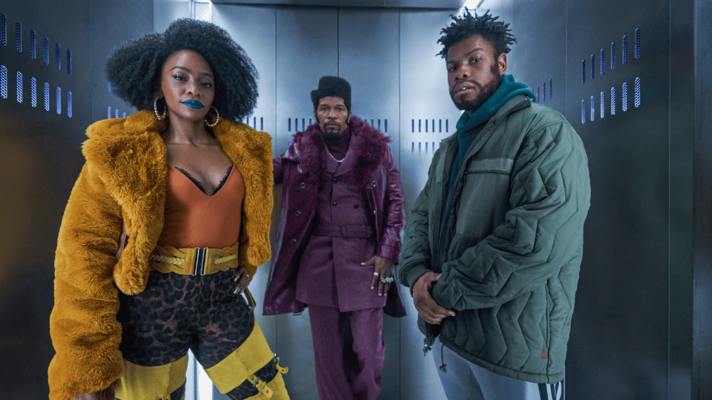 Jamie Foxx, John Boyega, and Teyonah Parris in Netflix's They Cloned Tyrone