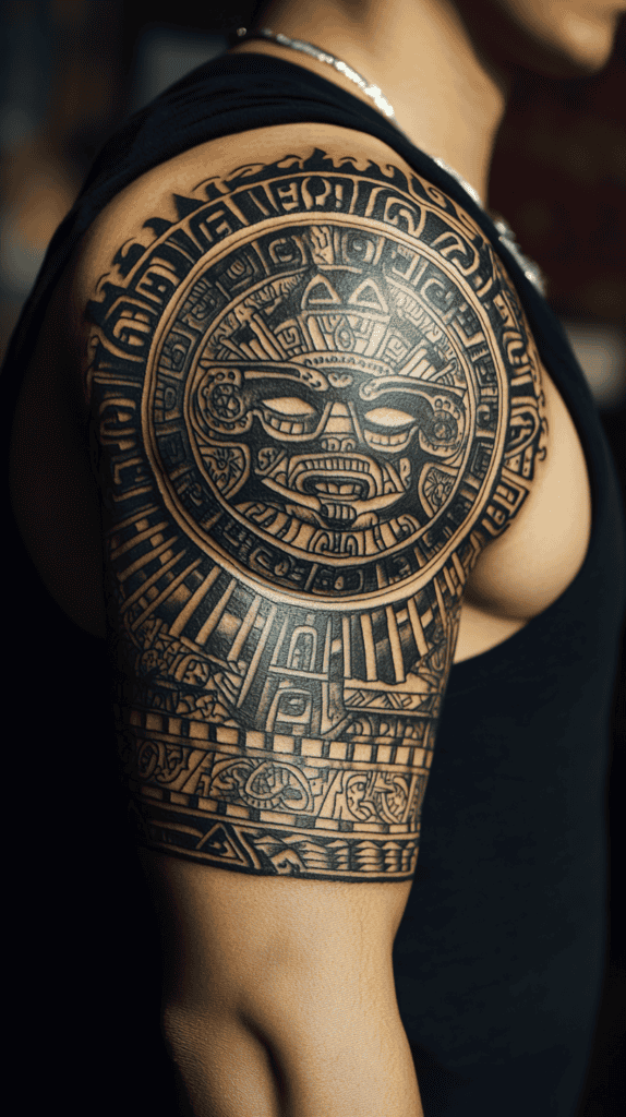 Unlock Your Next Ink: 25 Epic Upper Arm Tattoo Ideas for Men 52 Aztec Sun