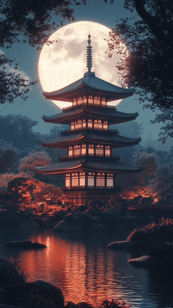 20 Japanese Wallpaper Backgrounds for a Stunning Phone Screen 37 Charming Japanese Pagoda in the Moonlight 4