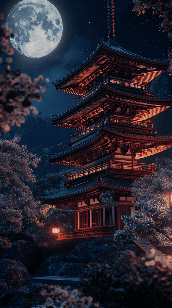 20 Japanese Wallpaper Backgrounds for a Stunning Phone Screen 34 Charming Japanese Pagoda in the Moonlight