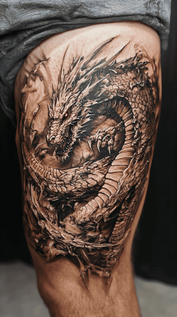Feeling Bold? Try These 25 Killer Thigh Tattoo Ideas for Men 22 Detailed Dragon Coiling 2