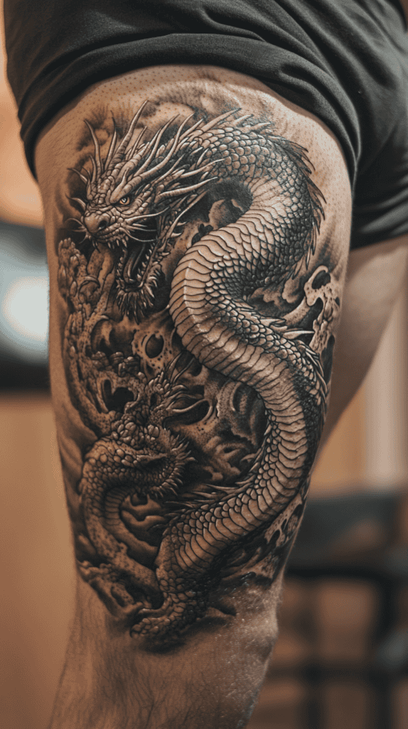 Feeling Bold? Try These 25 Killer Thigh Tattoo Ideas for Men 23 Detailed Dragon Coiling 3