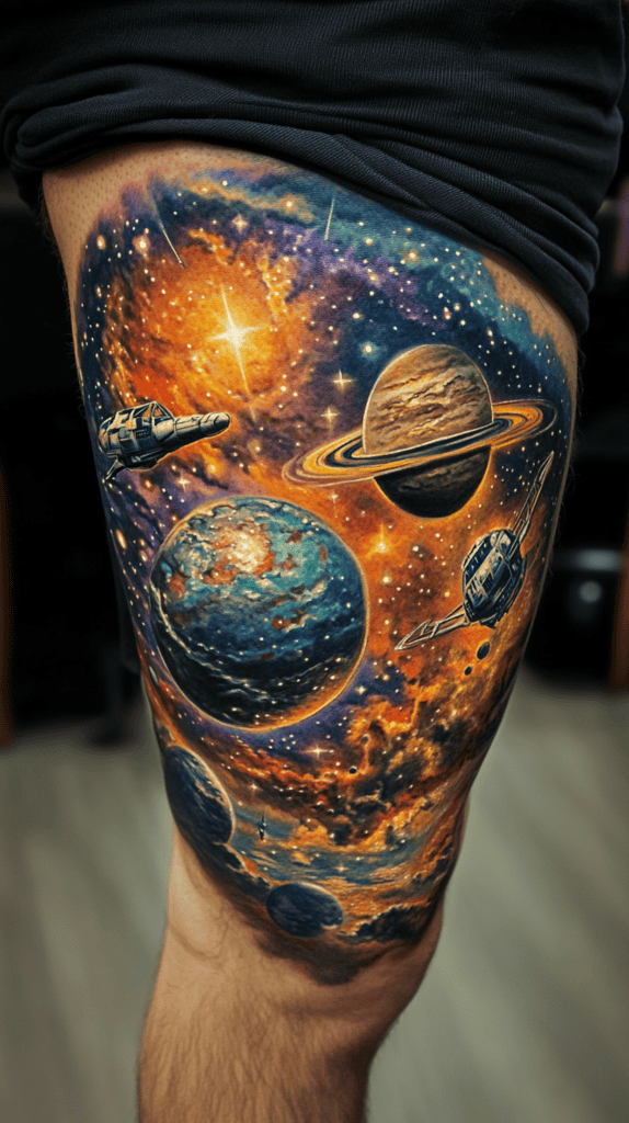Feeling Bold? Try These 25 Killer Thigh Tattoo Ideas for Men 37 Galaxy and Space Exploration
