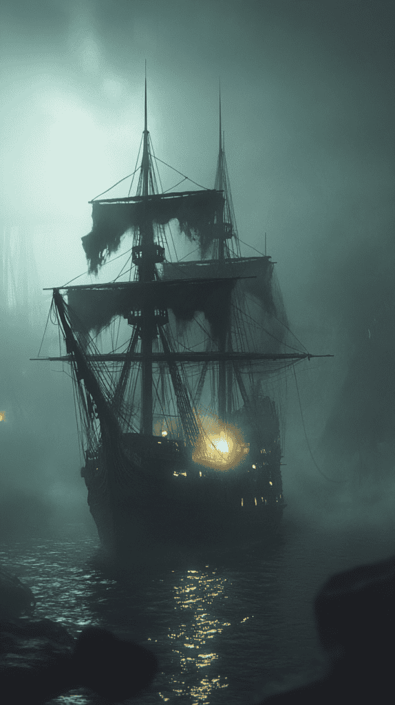 Ghost Ship Sailing Through Fog
