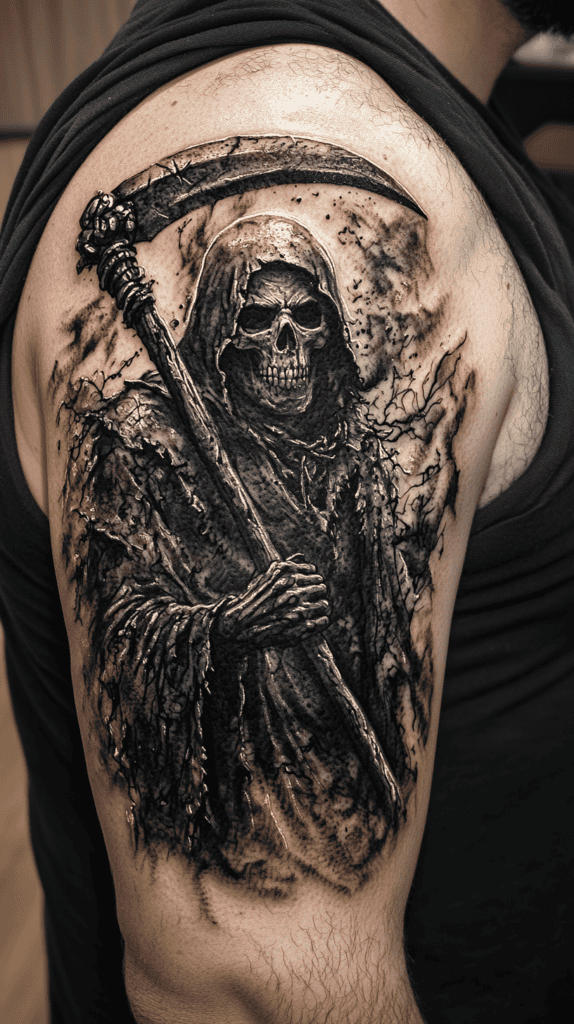 Unlock Your Next Ink: 25 Epic Upper Arm Tattoo Ideas for Men 54 Grim Reaper with Scythe