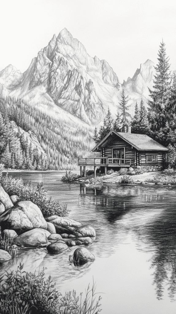 15 Landscape Drawing Ideas Worth Trying 35 Mountain Lake Cabin 2