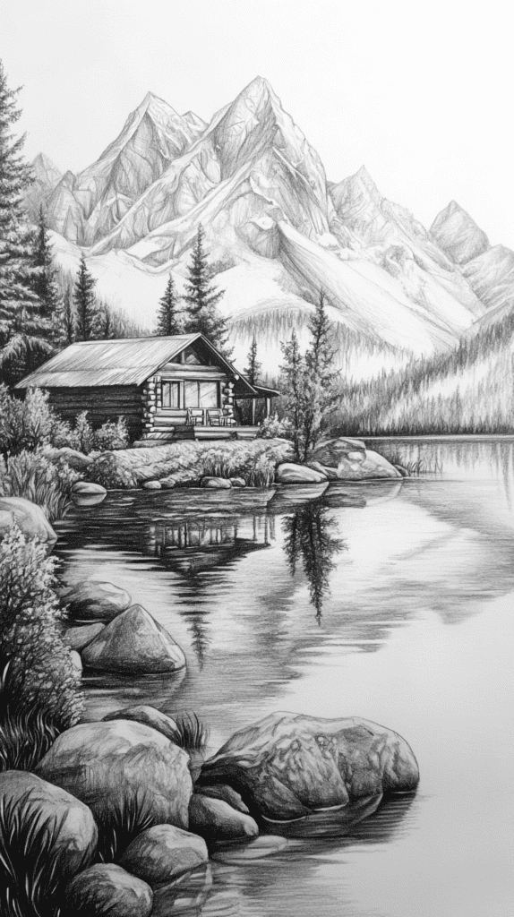 15 Landscape Drawing Ideas Worth Trying 34 Mountain Lake Cabin