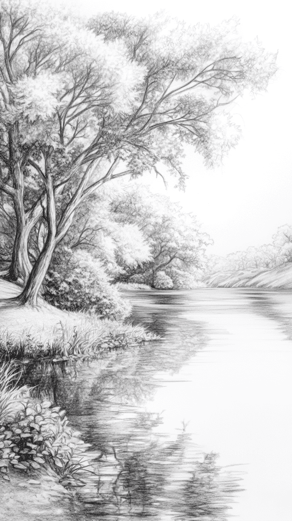 15 Landscape Drawing Ideas Worth Trying 32 Peaceful Riverbank 2