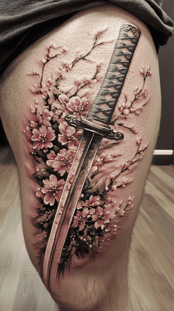 Feeling Bold? Try These 25 Killer Thigh Tattoo Ideas for Men 42 Samurai Sword and Cherry Blossoms 2