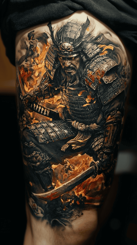 Feeling Bold? Try These 25 Killer Thigh Tattoo Ideas for Men 13 Samurai Warrior in Battle 3