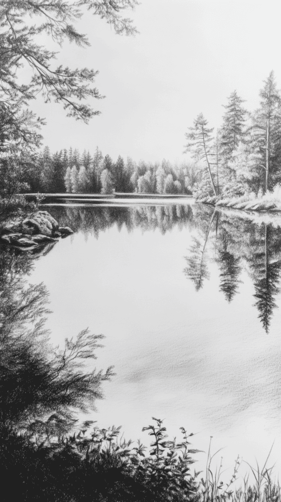 15 Landscape Drawing Ideas Worth Trying 12 Serene Lake Reflection 2